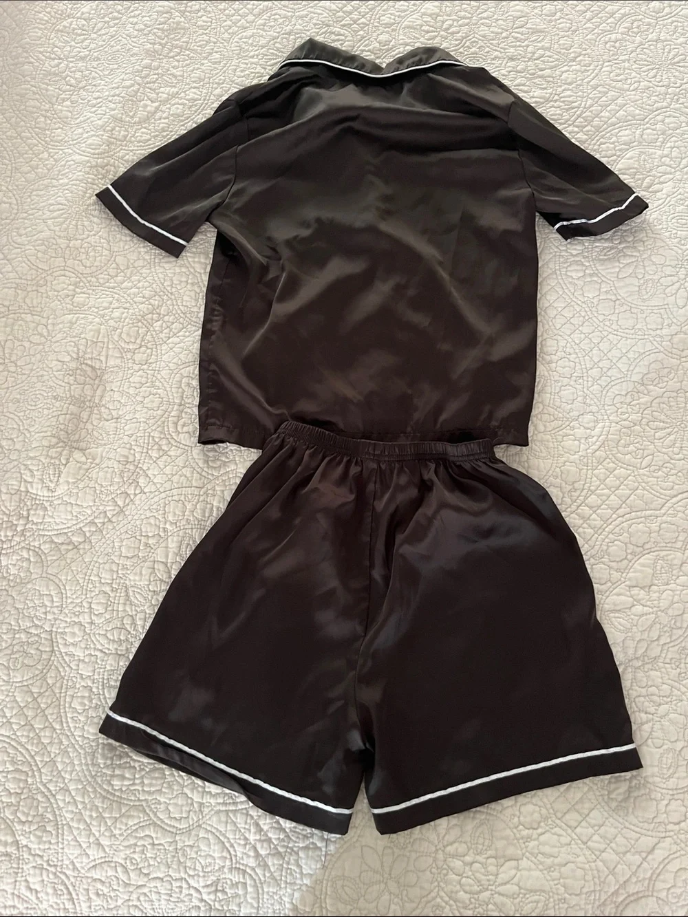 Silky Black Pajama Set with Contrast Piping